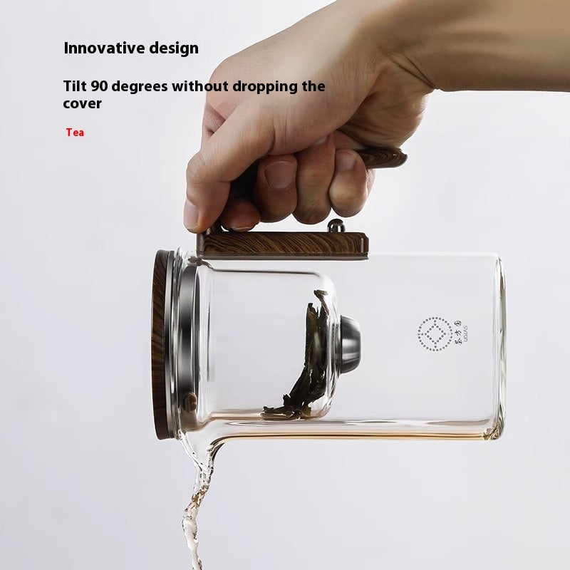 One Click Magnetic Teapot with Glass Body Wood Handle and Inner Container for Tea