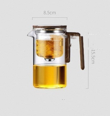 One Click Magnetic Teapot with Glass Body Wood Handle and Inner Container for Tea
