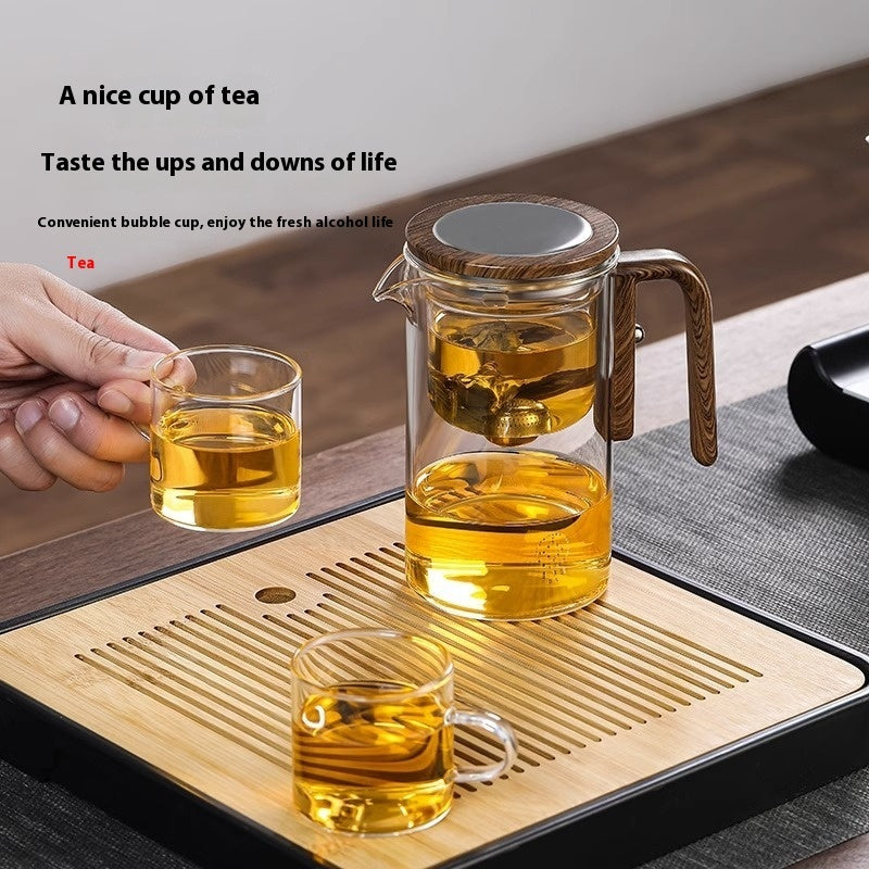 One Click Magnetic Teapot with Glass Body Wood Handle and Inner Container for Tea