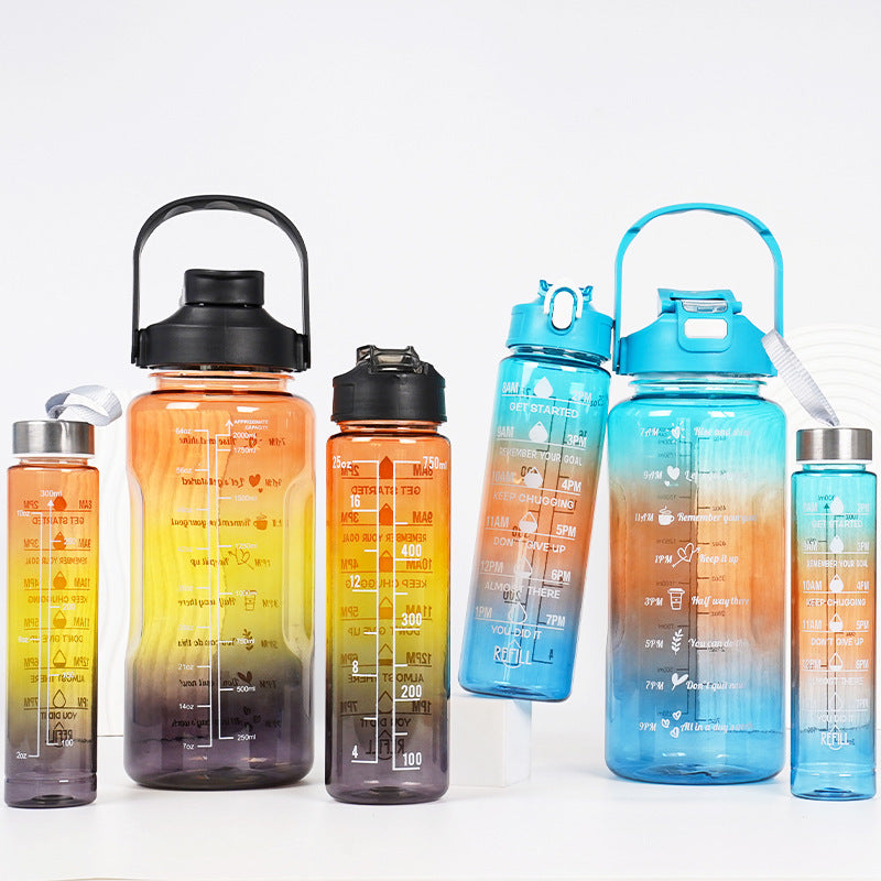 3-in-1 Gradient Color Motivational Water Bottles Set with Plastic Straw for Outdoor Sports