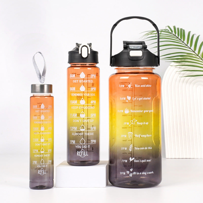 3-in-1 Gradient Color Motivational Water Bottles Set with Plastic Straw for Outdoor Sports