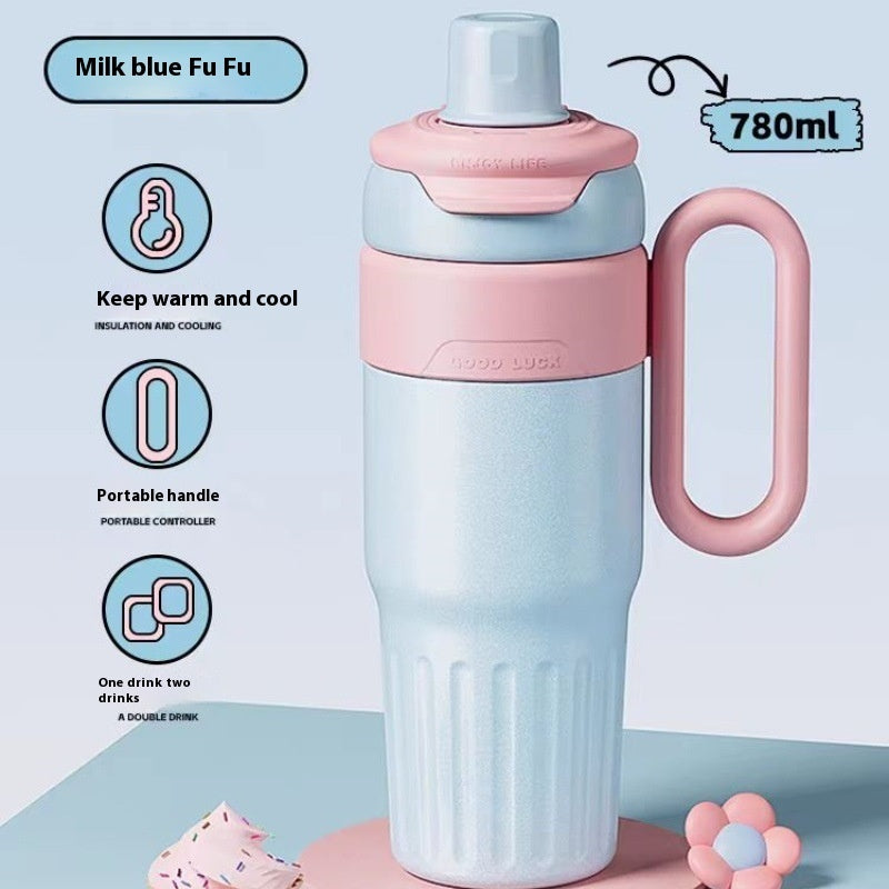 780ml Gradient Double Drink Thermal Cup Stainless Steel Coffee Cup with Lid and Straw