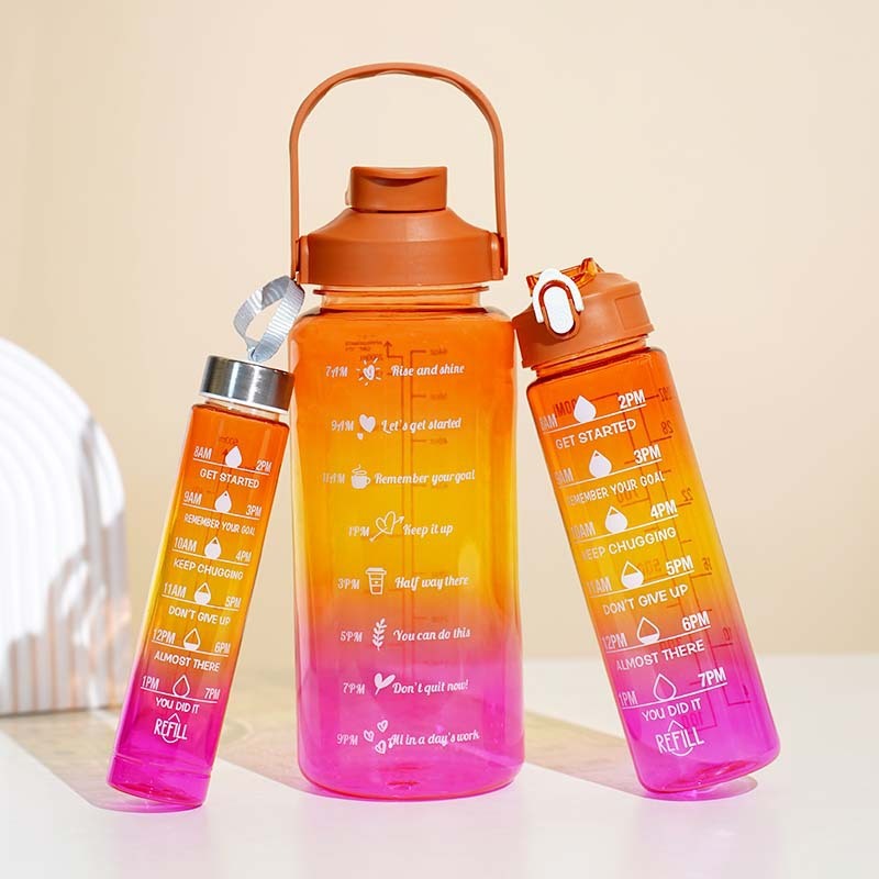 3-in-1 Gradient Color Motivational Water Bottles Set with Plastic Straw for Outdoor Sports