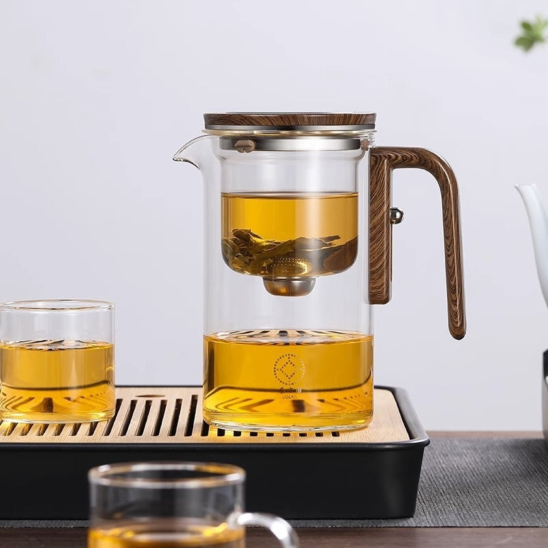 One Click Magnetic Teapot with Glass Body Wood Handle and Inner Container for Tea