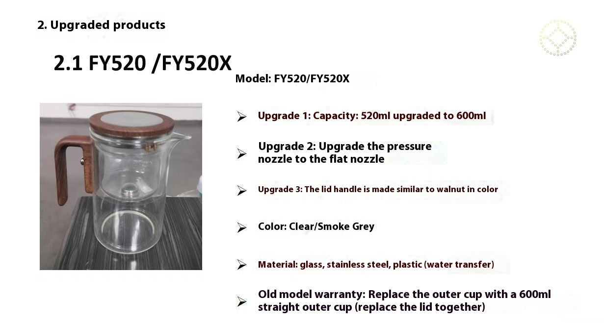 One Click Magnetic Teapot with Glass Body Wood Handle and Inner Container for Tea