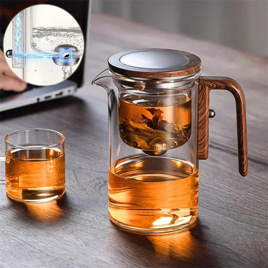 One Click Magnetic Teapot with Glass Body Wood Handle and Inner Container for Tea