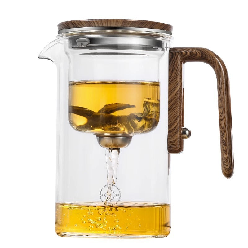 One Click Magnetic Teapot with Glass Body Wood Handle and Inner Container for Tea