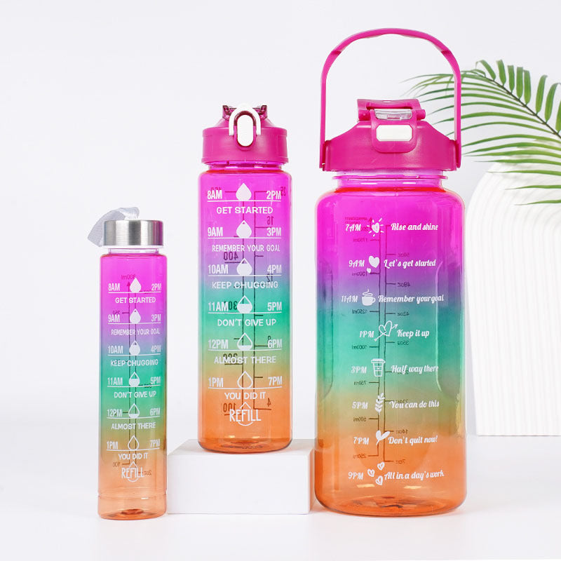 3-in-1 Gradient Color Motivational Water Bottles Set with Plastic Straw for Outdoor Sports