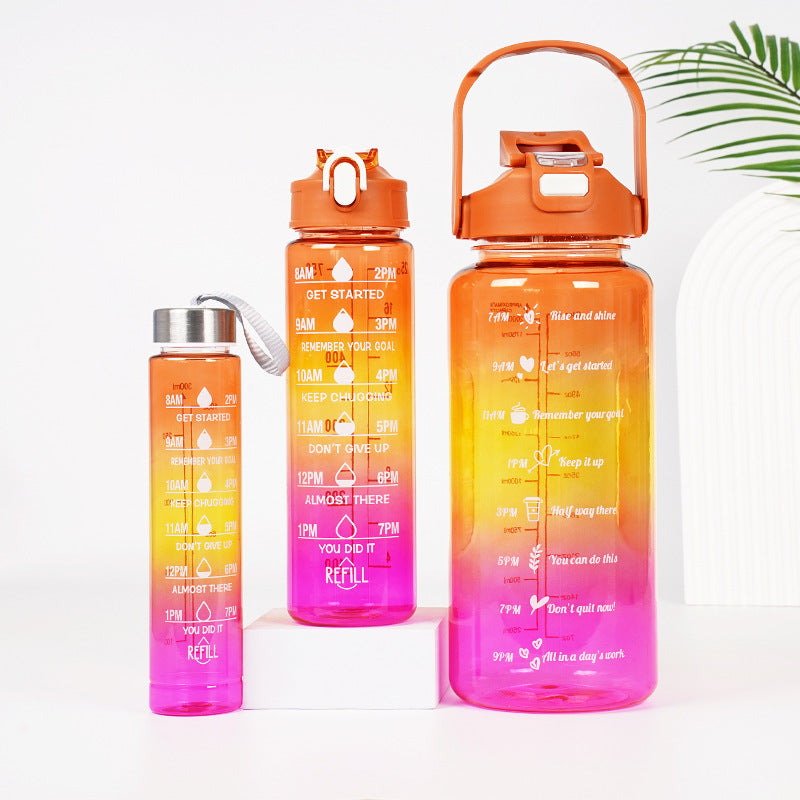 3-in-1 Gradient Color Motivational Water Bottles Set with Plastic Straw for Outdoor Sports
