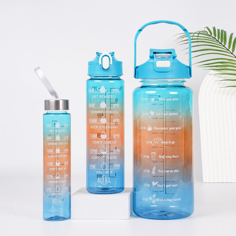 3-in-1 Gradient Color Motivational Water Bottles Set with Plastic Straw for Outdoor Sports
