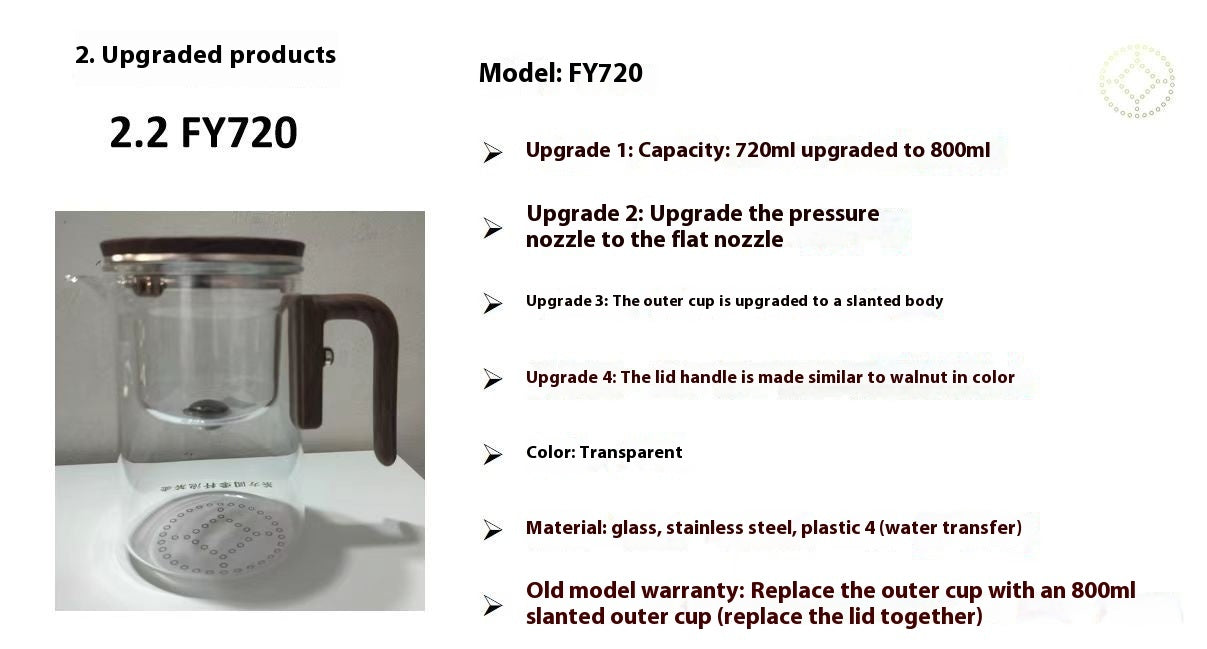 One Click Magnetic Teapot with Glass Body Wood Handle and Inner Container for Tea