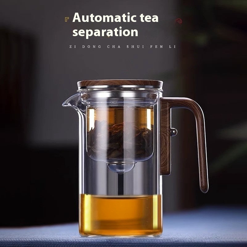 One Click Magnetic Teapot with Glass Body Wood Handle and Inner Container for Tea
