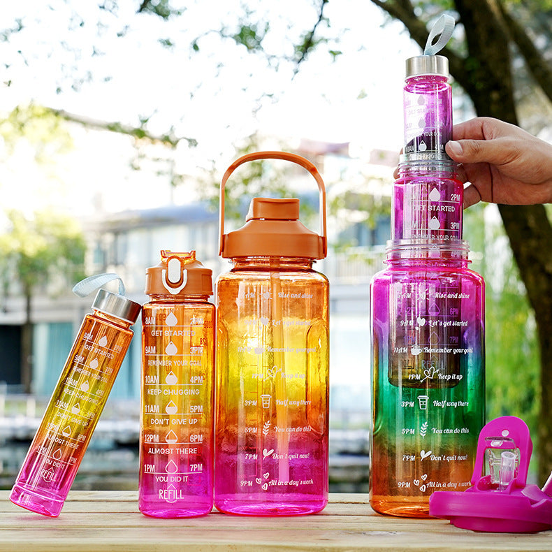 3-in-1 Gradient Color Motivational Water Bottles Set with Plastic Straw for Outdoor Sports