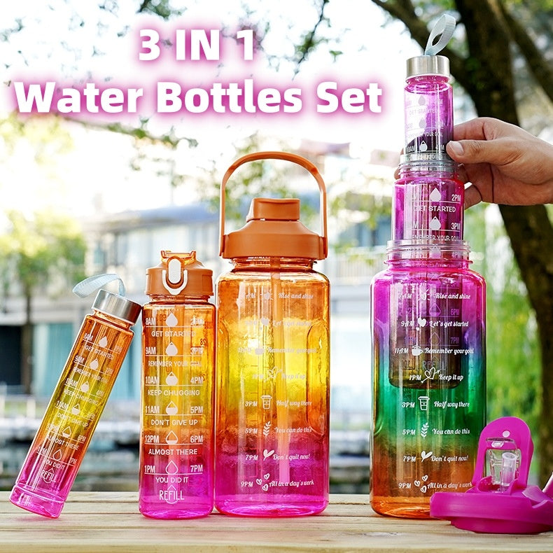 3-in-1 Gradient Color Motivational Water Bottles Set with Plastic Straw for Outdoor Sports